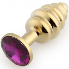 Малая анальная пробка с ребристым рельефом и кристаллом золотой, фиолетовый 